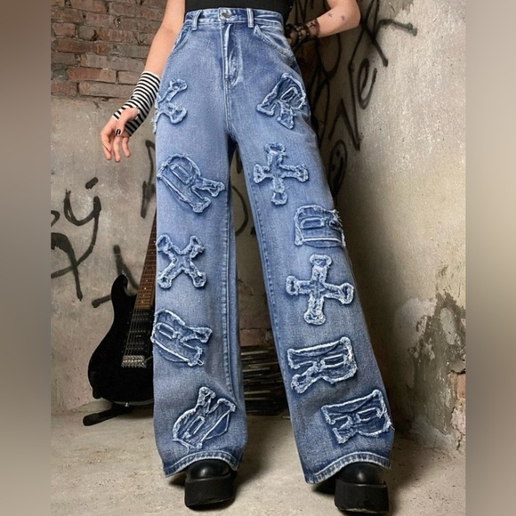 ROMWE Denim - ROWME JEANS Patched Grunge Punk Letter Pattern Distressed Wide Leg Baggy 2 XS